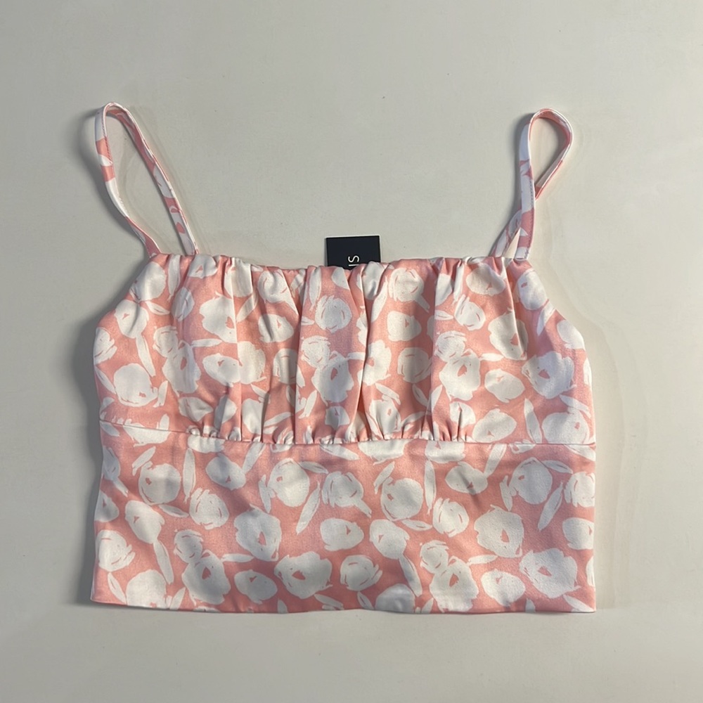 NWT Glassons Ruched Floral Satin Cami Size 6 AU - 2 US (XS) Pink and White